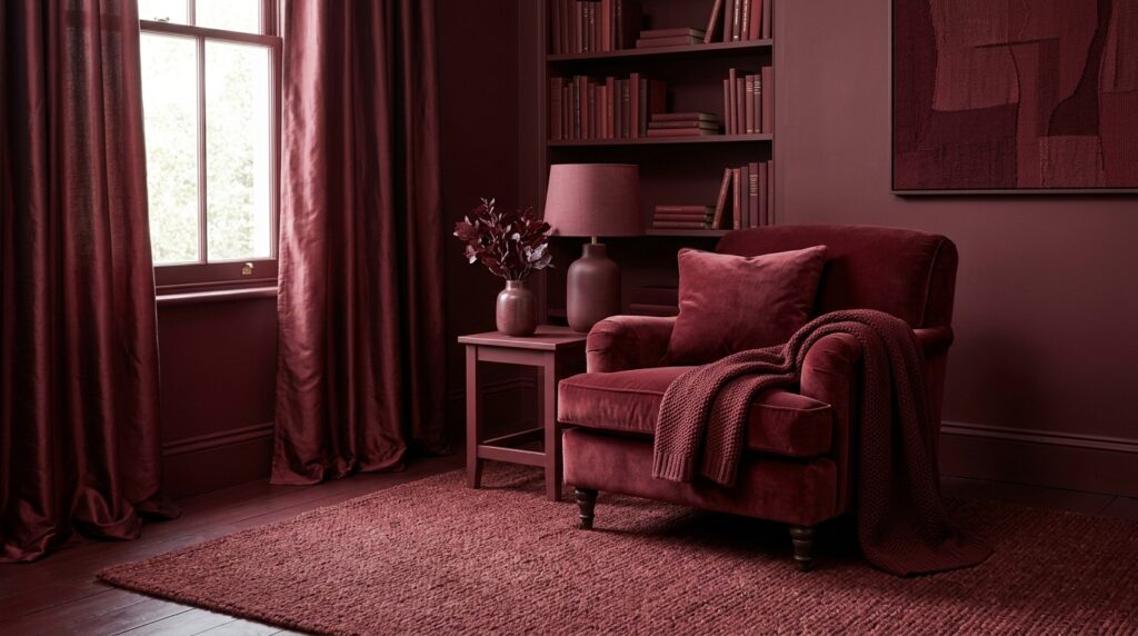 Monochromatic maroon reading nook with a red velvet armchair and matching drapes in a moody interior.