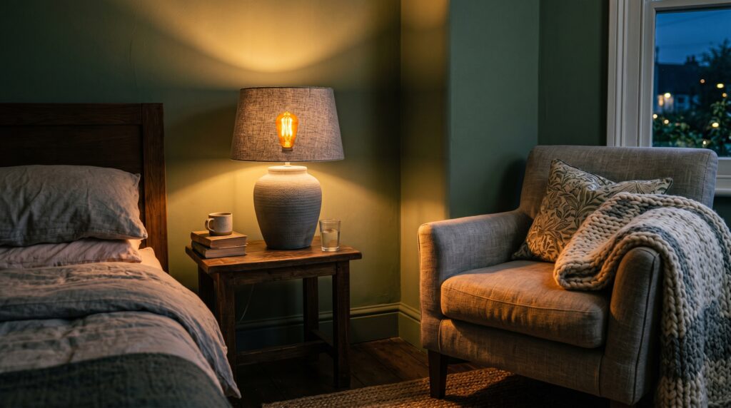 Cozy bedroom reading nook with a grey armchair, floral pillow, and a warm Edison bulb lamp at night.