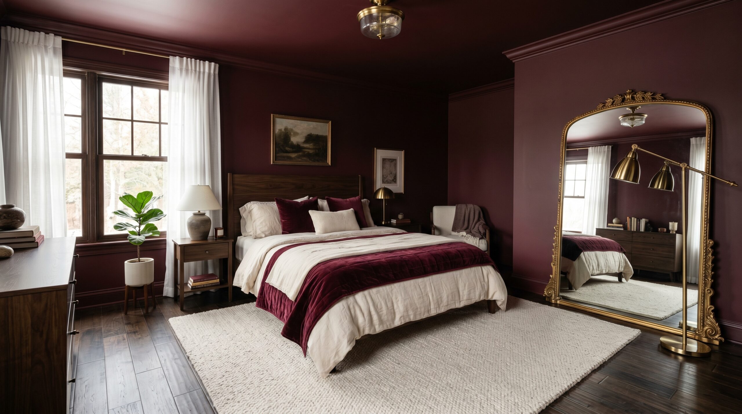Moody burgundy master bedroom with a large gold floor mirror and velvet bedding in a luxury home interior.