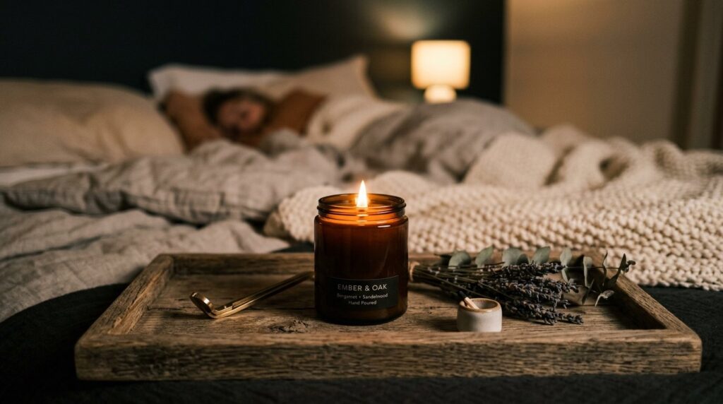 Lit sandalwood candle and dried lavender on a rustic wooden tray in a cozy, moody bedroom with linen bedding.