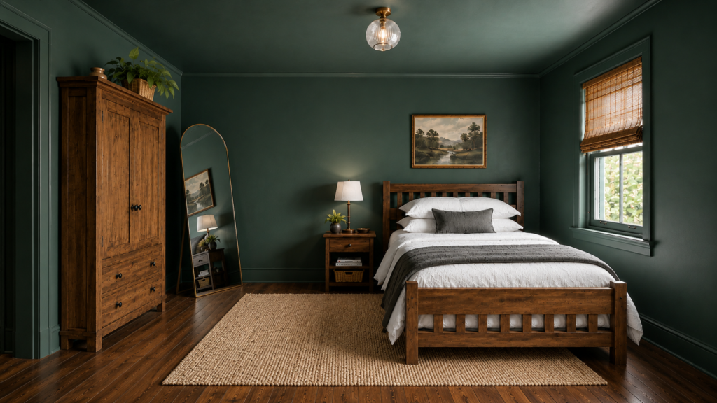 Moody bedroom interior in an earthy vintage style with a wooden bed, armoire, and jute rug against dark green walls.