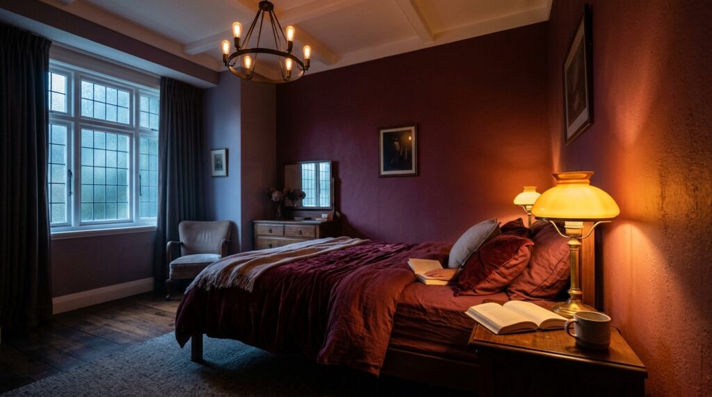 Moody evening bedroom with dark purple walls, warm glowing lamp lighting and a vintage brass chandelier.