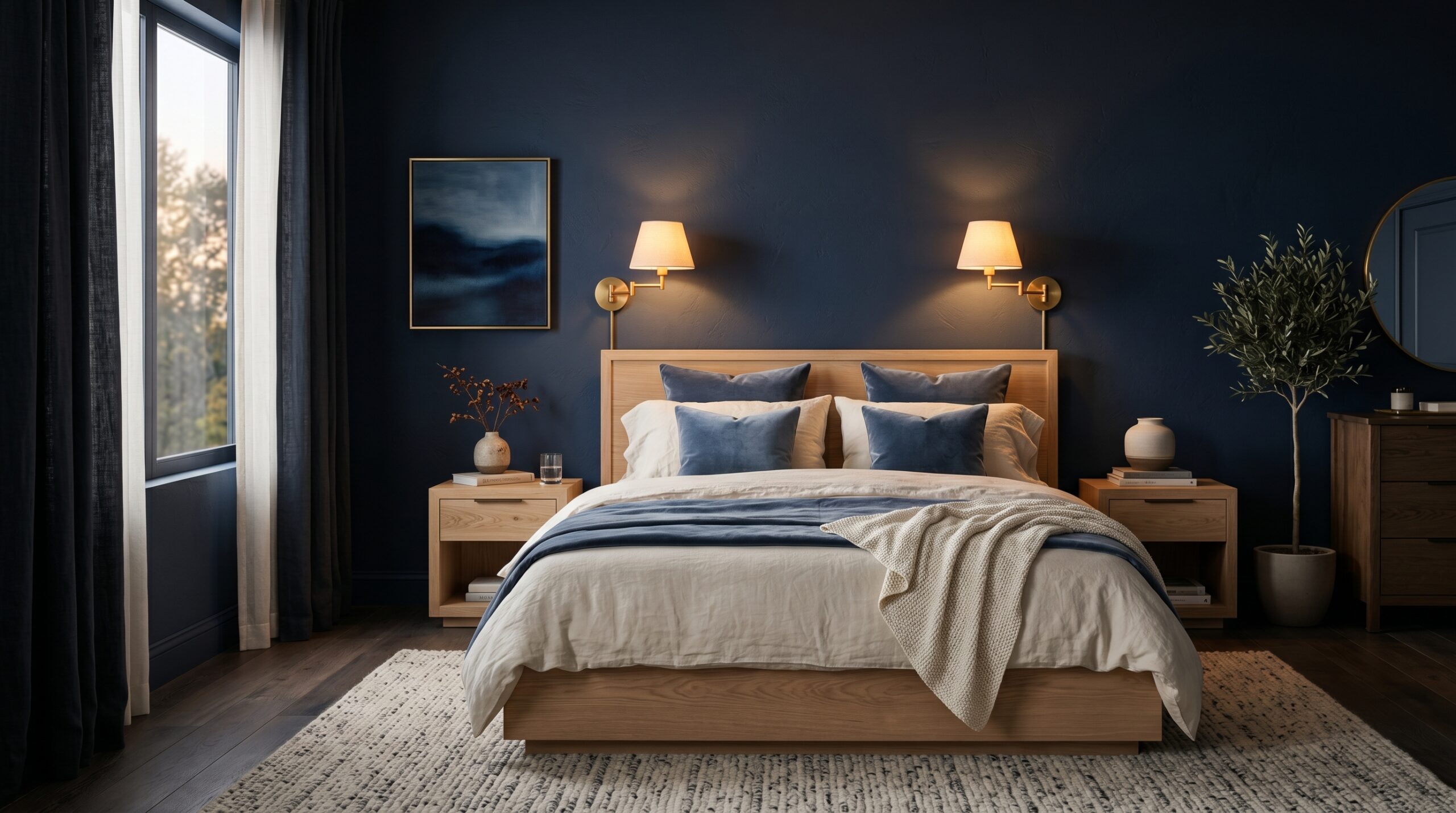Modern moody master bedroom with dark navy walls, light oak wood bed, and warm brass sconce lighting.