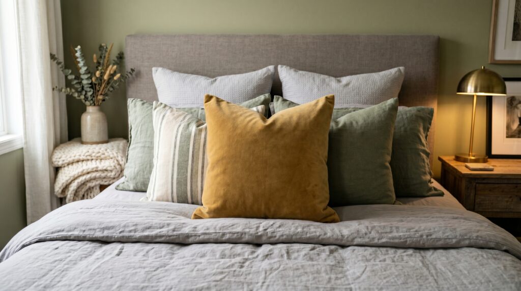 Mustard yellow velvet pillow styled with sage green linen cushions on a bed with a light grey headboard.