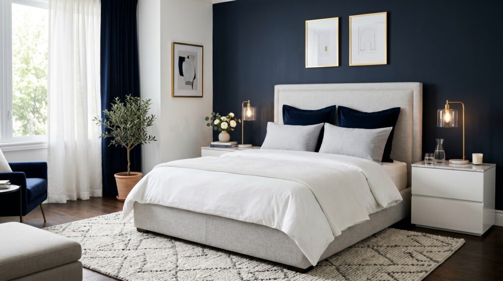 Elegant bedroom with navy blue accent wall, light gray upholstered bed, and modern marble bedside tables.