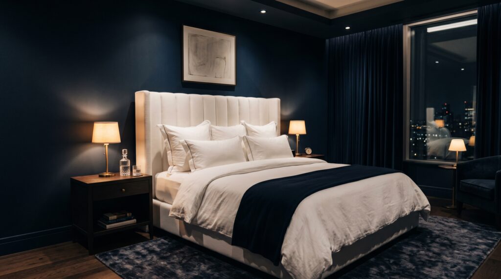 Moody navy blue bedroom with a white tufted headboard and luxury city skyline view at night.