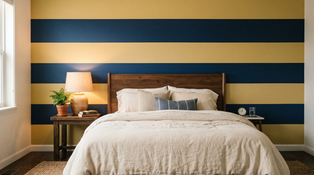 Modern bedroom featuring a bold navy and yellow striped accent wall behind a dark wood headboard and nightstand.