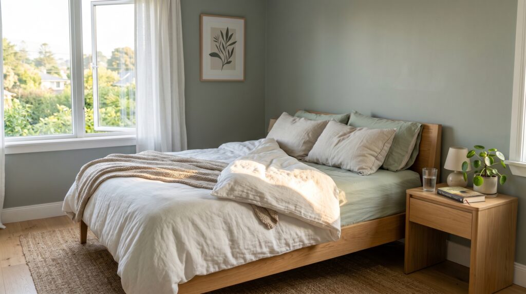 Light oak bed frame in an airy bedroom with pale green walls and soft natural light from a window.