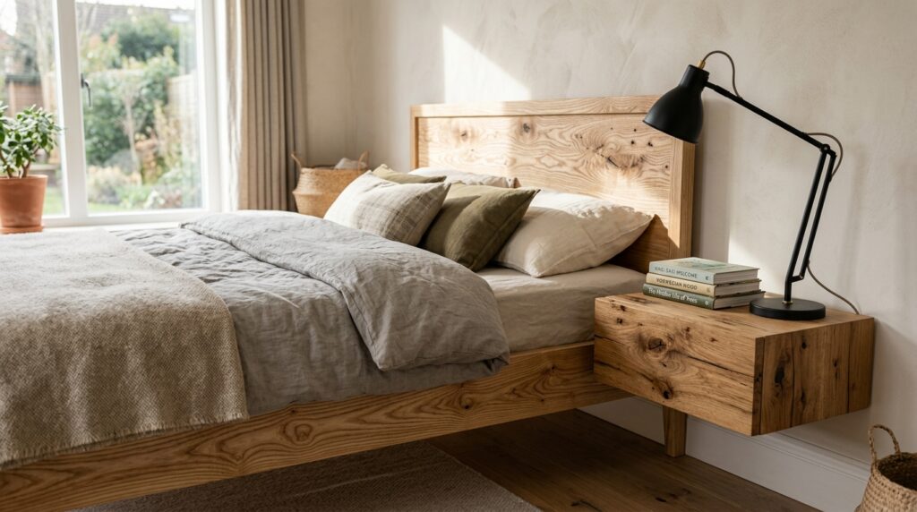 Oak wood platform bed with a matching floating nightstand and black modern lamp in a minimalist bedroom.