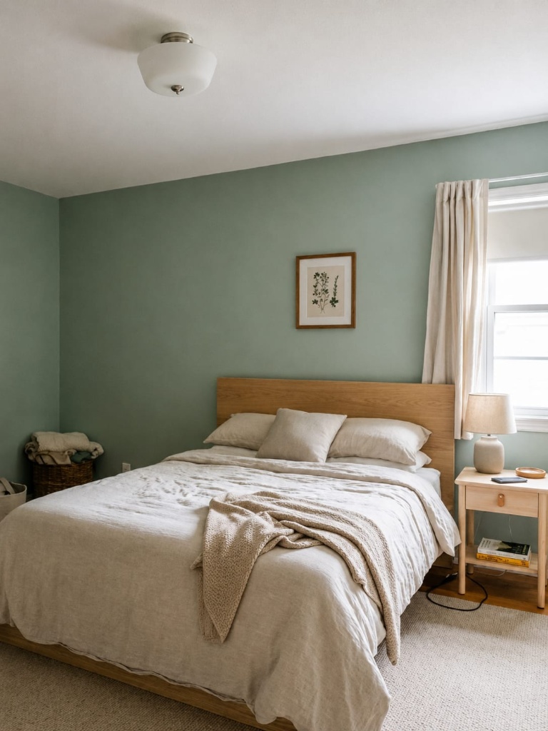 Oak platform bed styled with relaxed neutral linens against a solid sage green wall in a bright, modern bedroom.