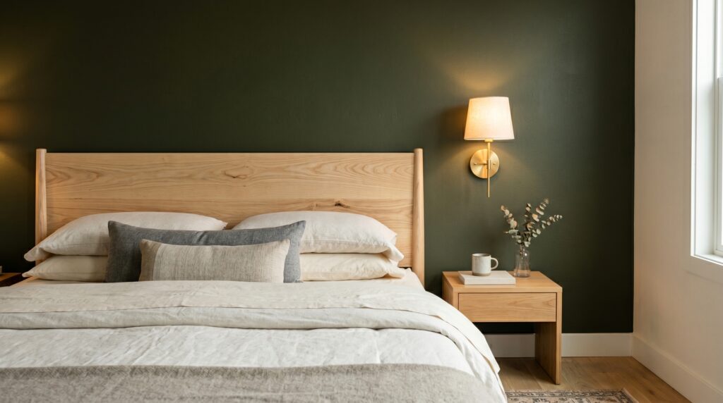 Wooden headboard against a dark olive green wall featuring a warm brass wall sconce in a modern bedroom.
