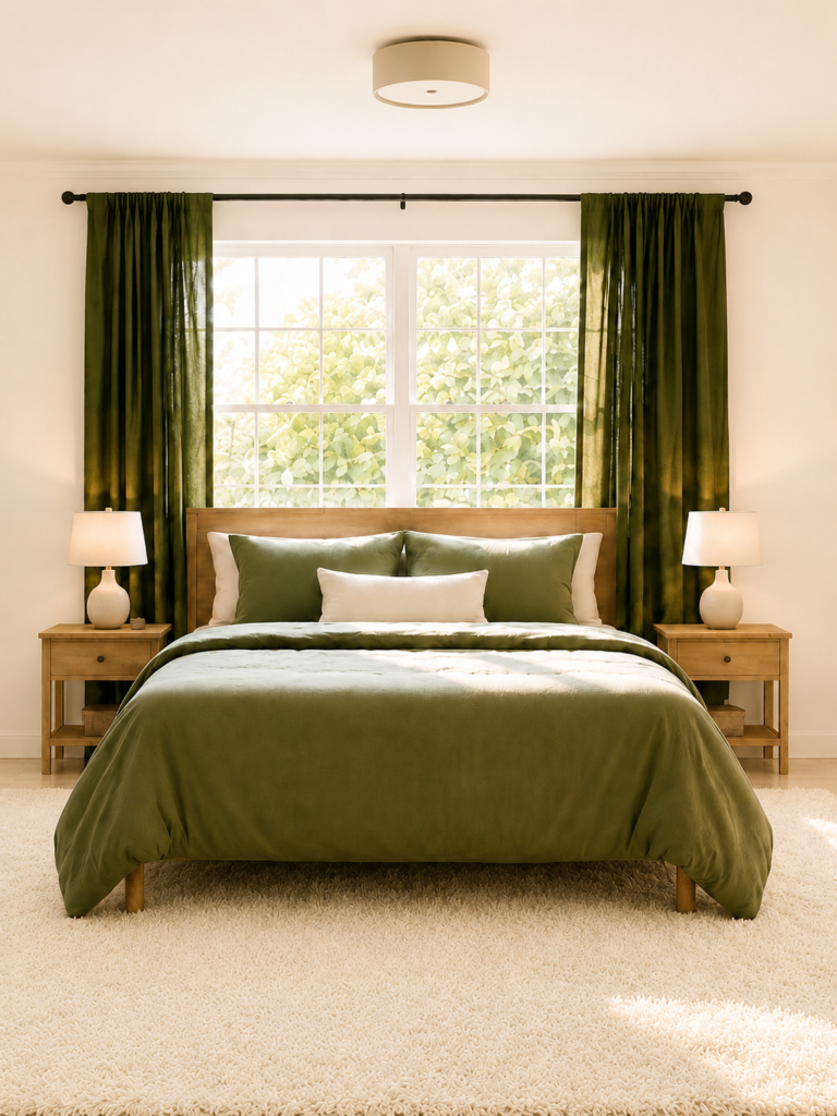 Minimalist earthy bedroom featuring olive green bedding and light wood nightstands for a cozy home interior.