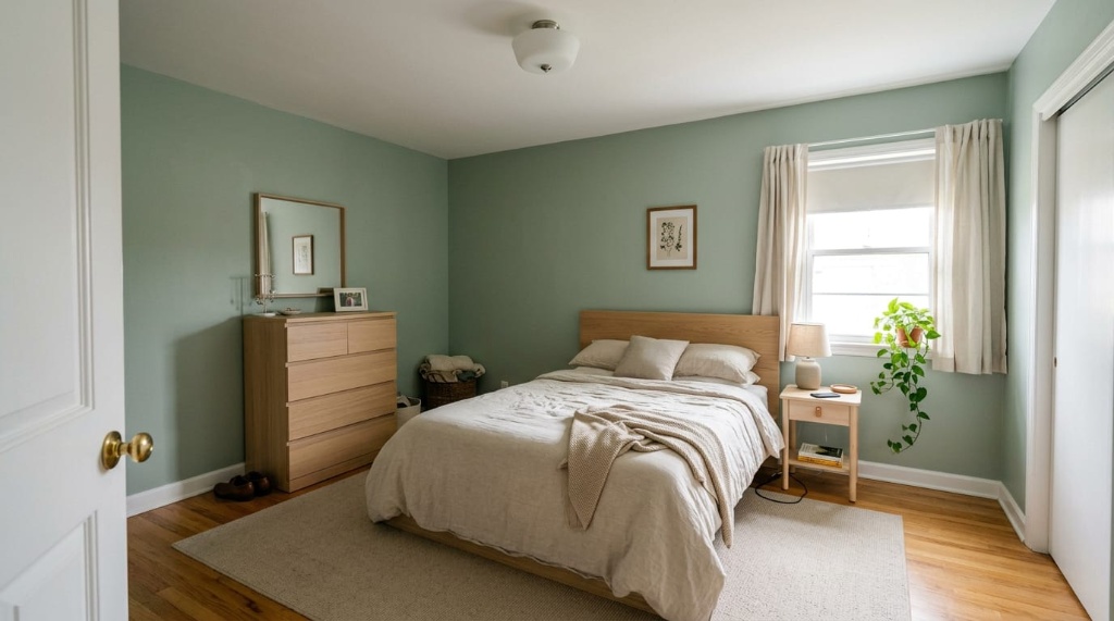 Primary bedroom featuring modern organic oak furniture, warm hardwood floors, and sage green walls in natural window light.
