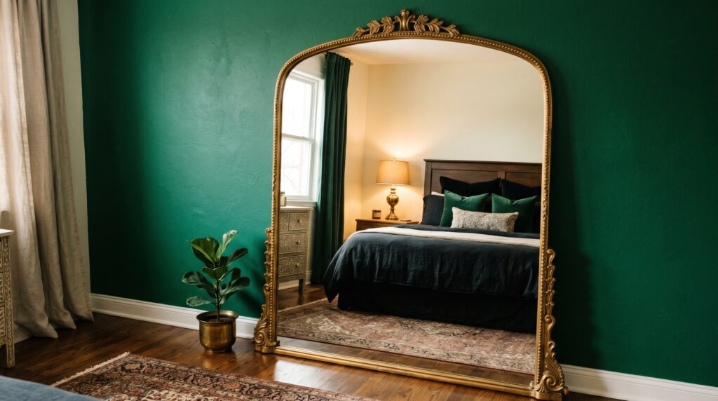 Large ornate gold floor mirror leaning against a forest green wall reflecting a cozy bedroom interior.
