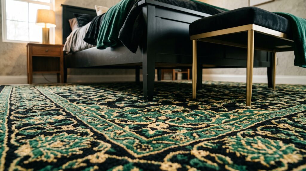 Low angle shot of an ornate green and gold traditional rug under a black bed frame and velvet bench.