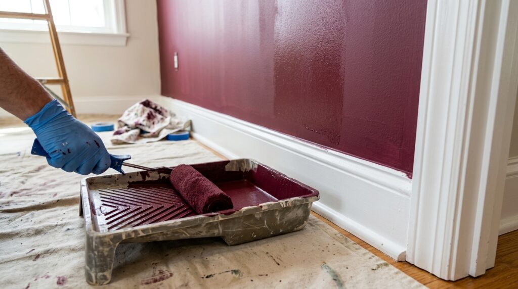 Close up of a person painting a bedroom wall with deep burgundy paint and a roller during a DIY home renovation.