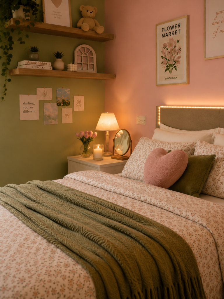 Soft pastel bedroom featuring a cozy bed with floral sheets, a pink heart pillow, and floating shelves on a green wall.