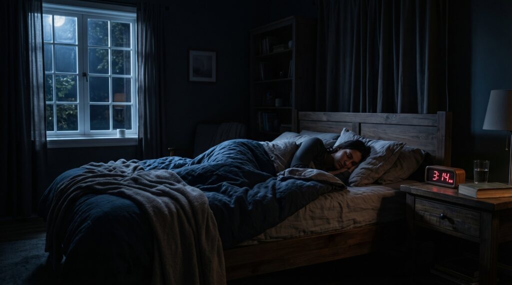 Woman sleeping in a moody bedroom with a moonlit window and red digital clock during the night.