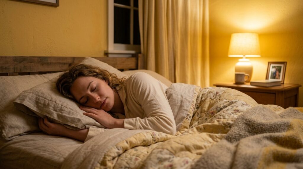 Woman sleeping peacefully in a warm-lit bedroom with yellow walls and cozy layered bedding.