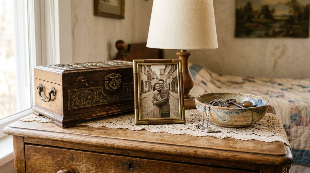 Vintage dresser with framed photo and carved jewelry box on a lace runner in a nostalgic rustic bedroom.