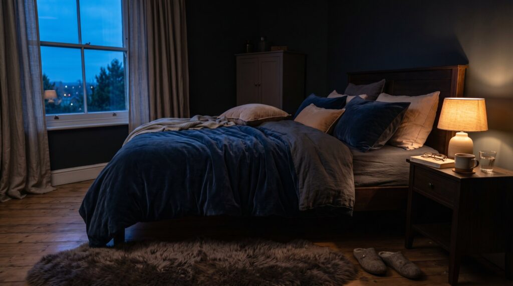 Moody master bedroom with blue velvet bedding and a warm lamp overlooking a twilight view through a large window.