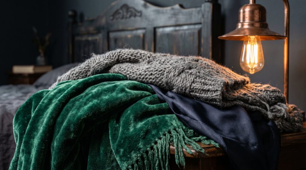 Layered emerald velvet and chunky knit throws on a bed with a warm Edison lamp in a moody bedroom.