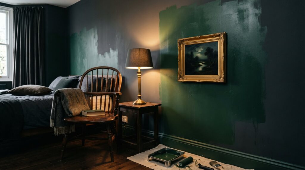 Moody DIY bedroom makeover with dark green paint being applied next to gold framed vintage art on the wall.