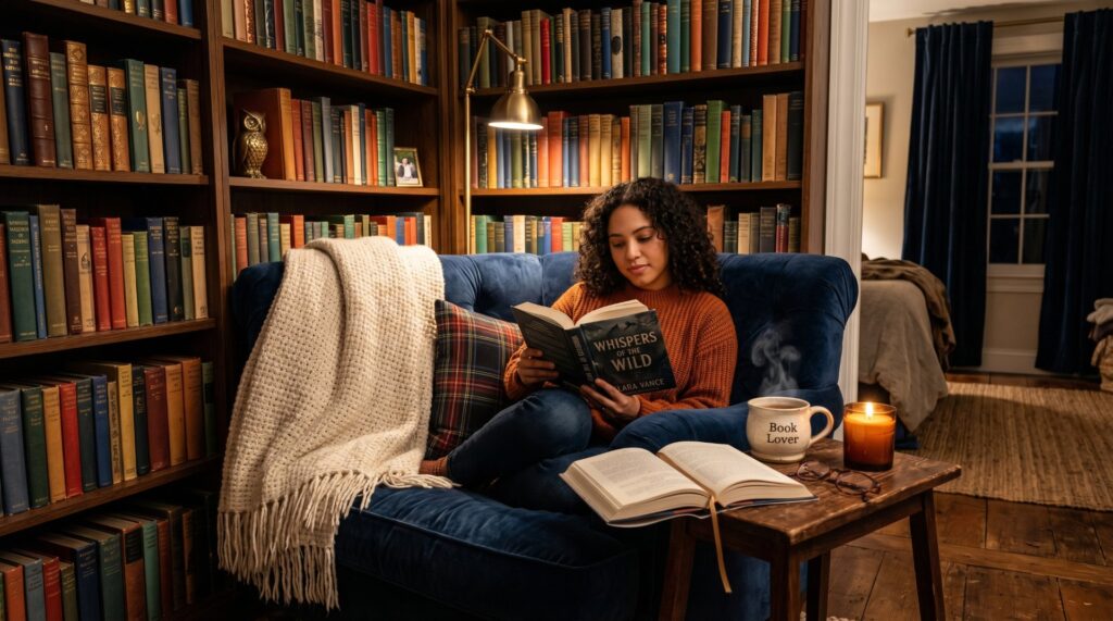 Woman reading in a cozy dark academia library on a blue velvet armchair surrounded by floor-to-ceiling bookshelves.