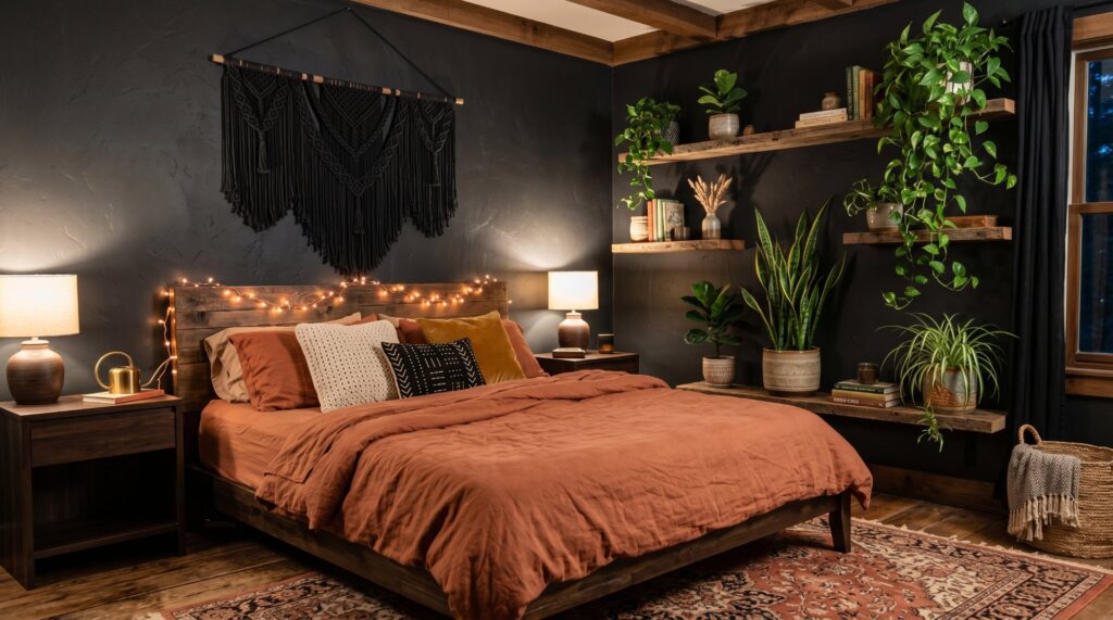 Moody boho bedroom with terracotta bedding, a black macrame wall hanging, and lush houseplants on floating shelves.