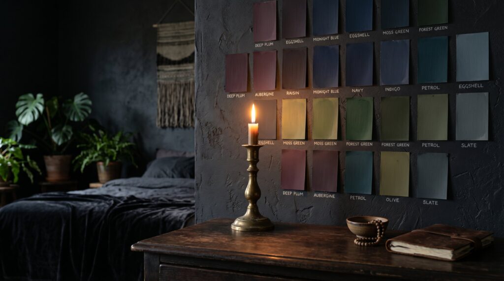 Moody paint color swatches on a dark textured wall with a lit candle in a dark academia bedroom.