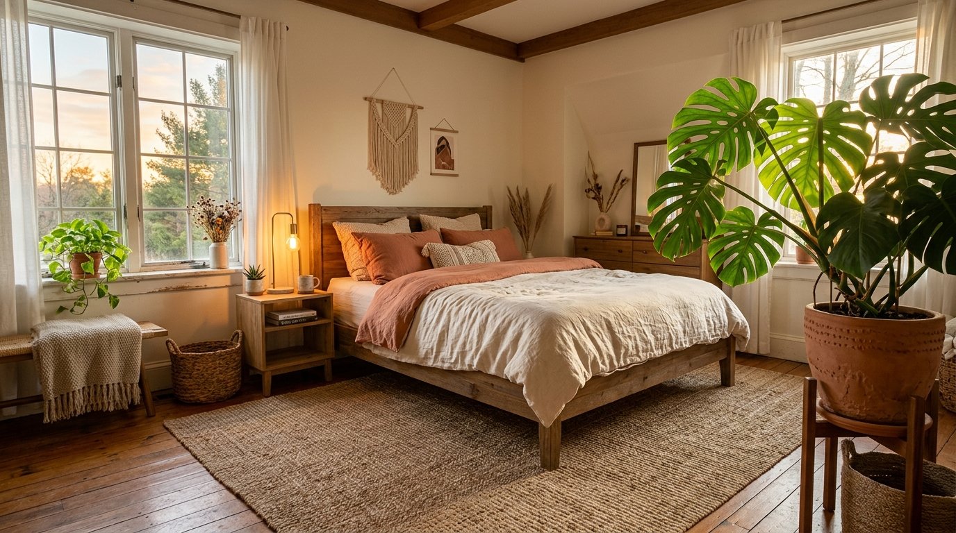 Cozy bohemian bedroom with a wooden platform bed, terracotta and cream linen bedding, a large Monstera plant, and warm sunset light streaming through the windows.