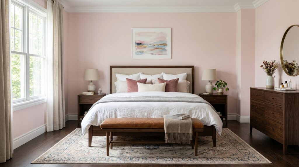 Timeless pink bedroom featuring dark wood furniture, a leather bench, and soft abstract landscape wall art.