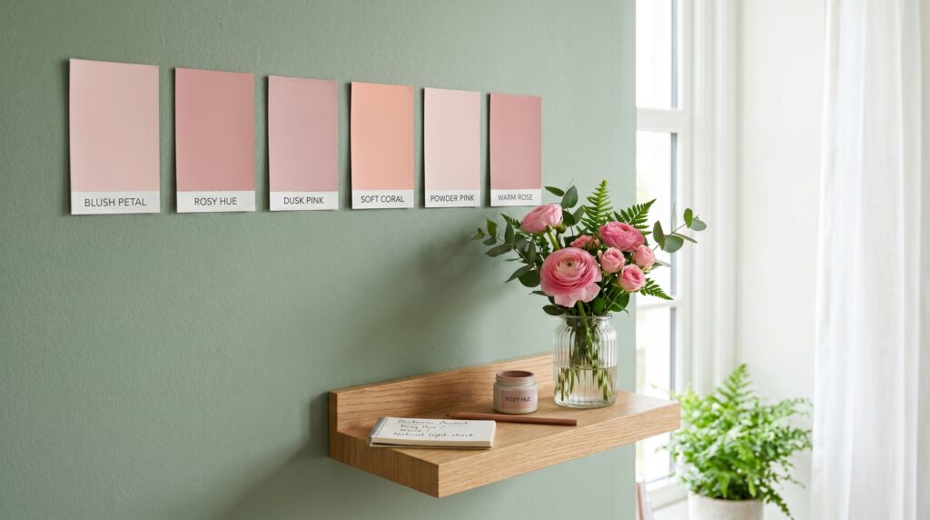 Pink paint color swatches on a sage green wall with fresh flowers on a floating shelf for a home interior design project.