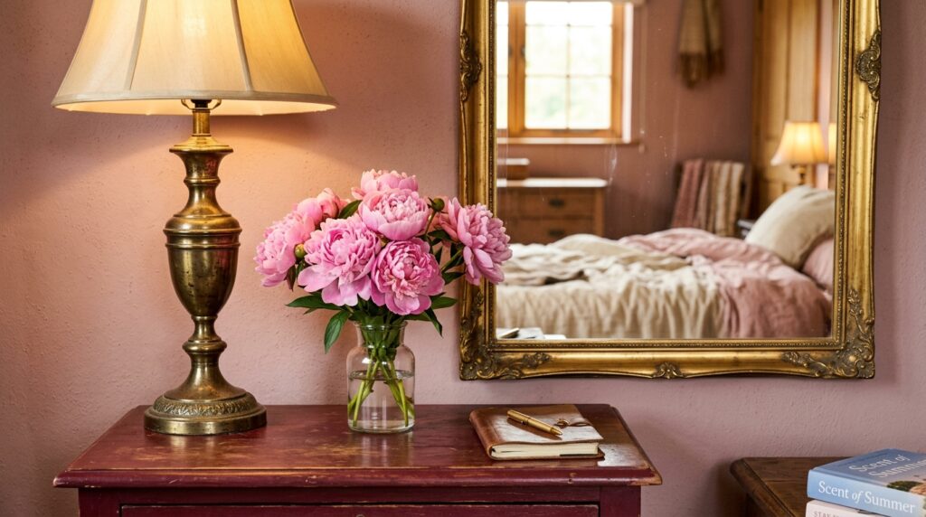 Pink peonies in a glass vase on a vintage dark wood dresser beside an ornate gold mirror.