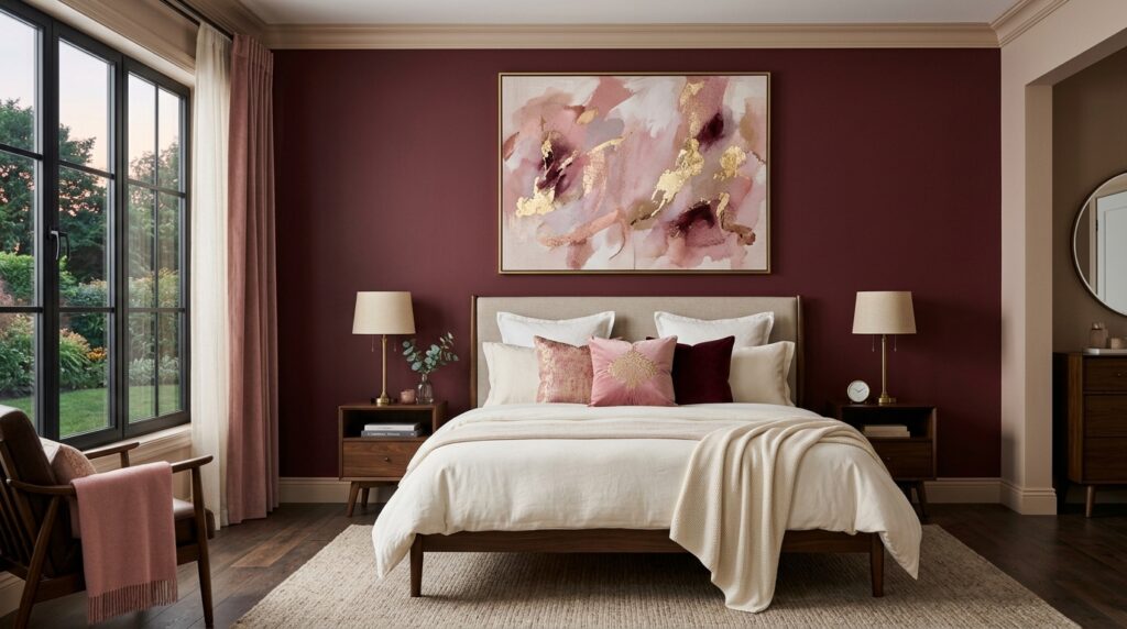 Modern bedroom featuring a deep plum accent wall, abstract gold leaf painting, and neutral linen bedding.