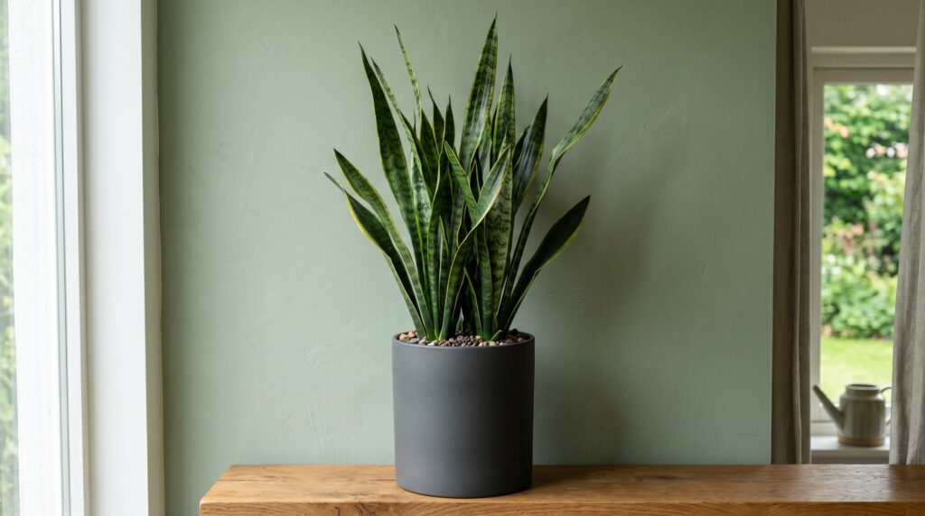 Potted snake plant in a charcoal planter sitting on a wood shelf against a soft sage green wall.