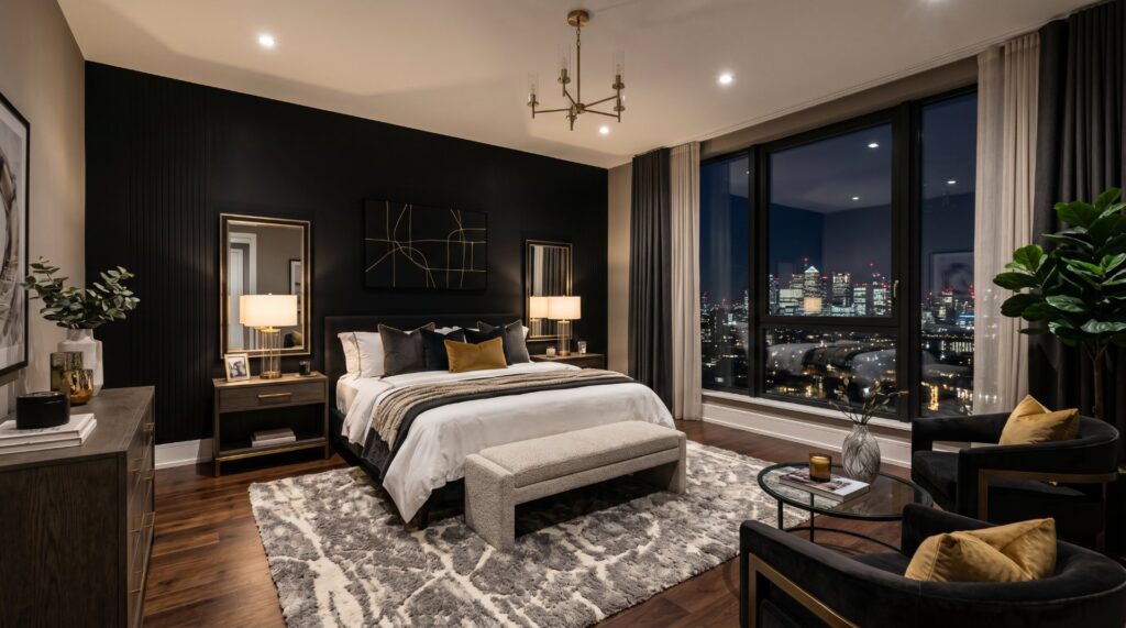 Luxurious modern master bedroom with black accent wall and city skyline view in an upscale urban apartment.