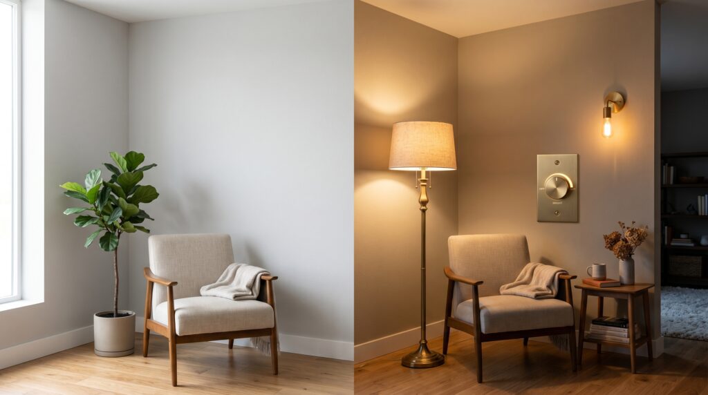 Reading nook lighting comparison showing a mid-century chair under bright daylight and warm evening lamp light.