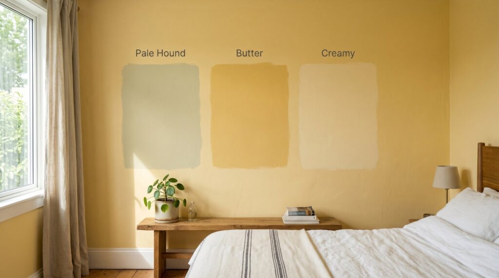 Three yellow paint swatches labeled Pale Hound, Butter, and Creamy on a bedroom wall above a rustic wooden bench with a small plant.