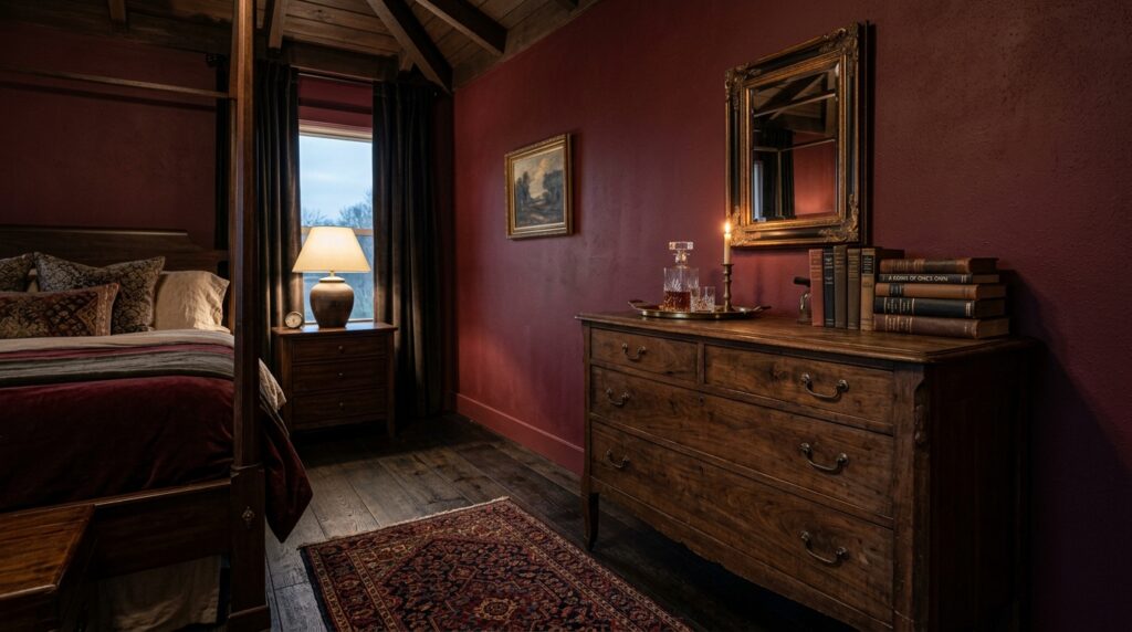 Rustic bedroom with maroon walls, antique wooden dresser, and a four-poster bed in a dark academia style.
