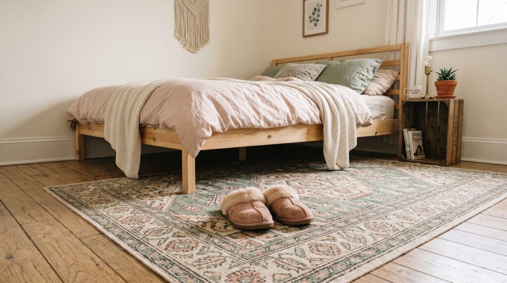 Low-angle view of a rustic wooden bed with pink bedding and a patterned rug in a cozy, bright bedroom interior.