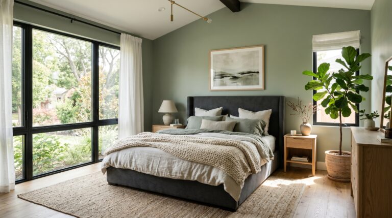 Sage green bedroom with black frame windows, a chunky knit throw blanket, and a potted fiddle leaf fig tree.