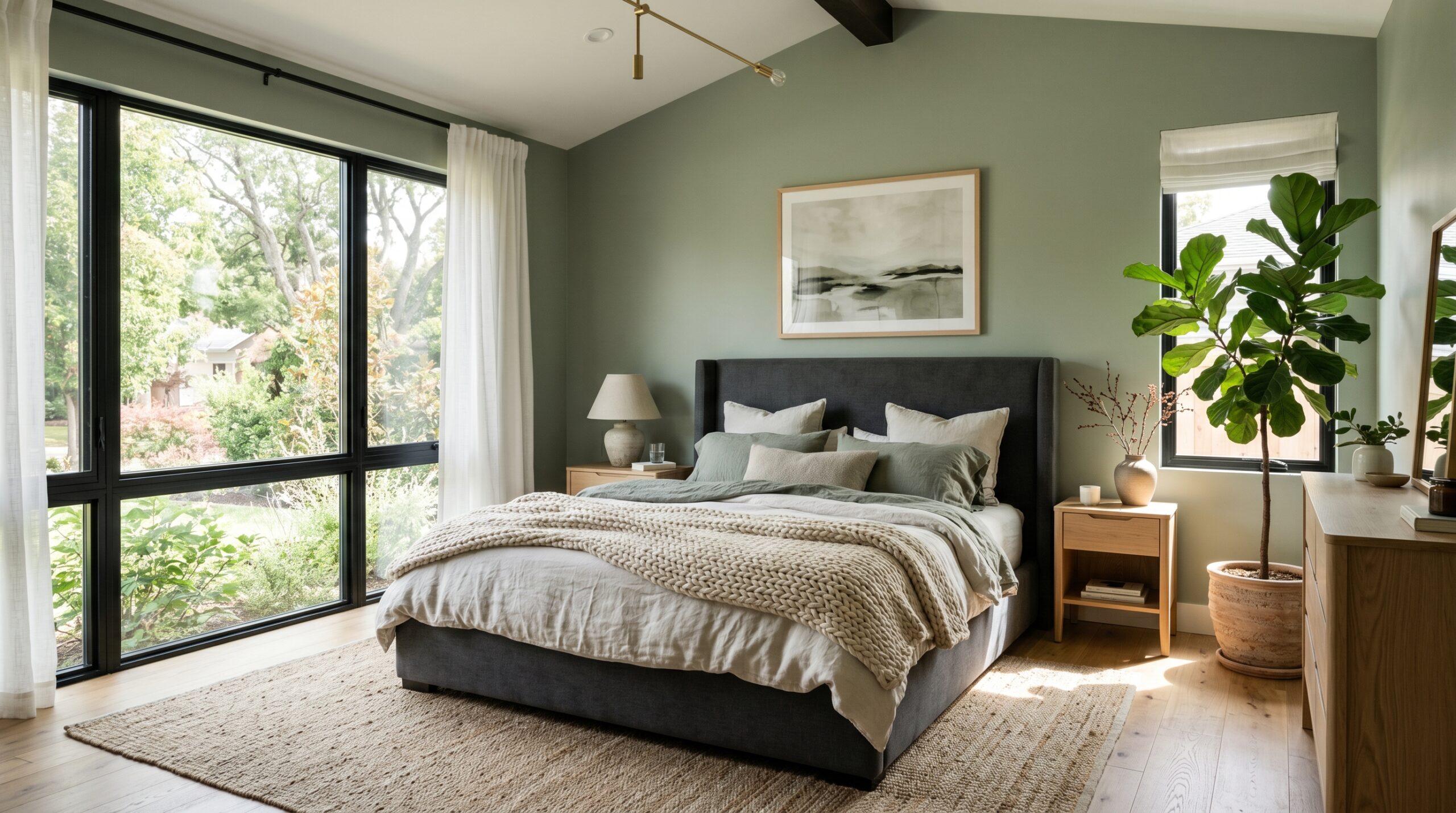 Sage green bedroom with black frame windows, a chunky knit throw blanket, and a potted fiddle leaf fig tree.