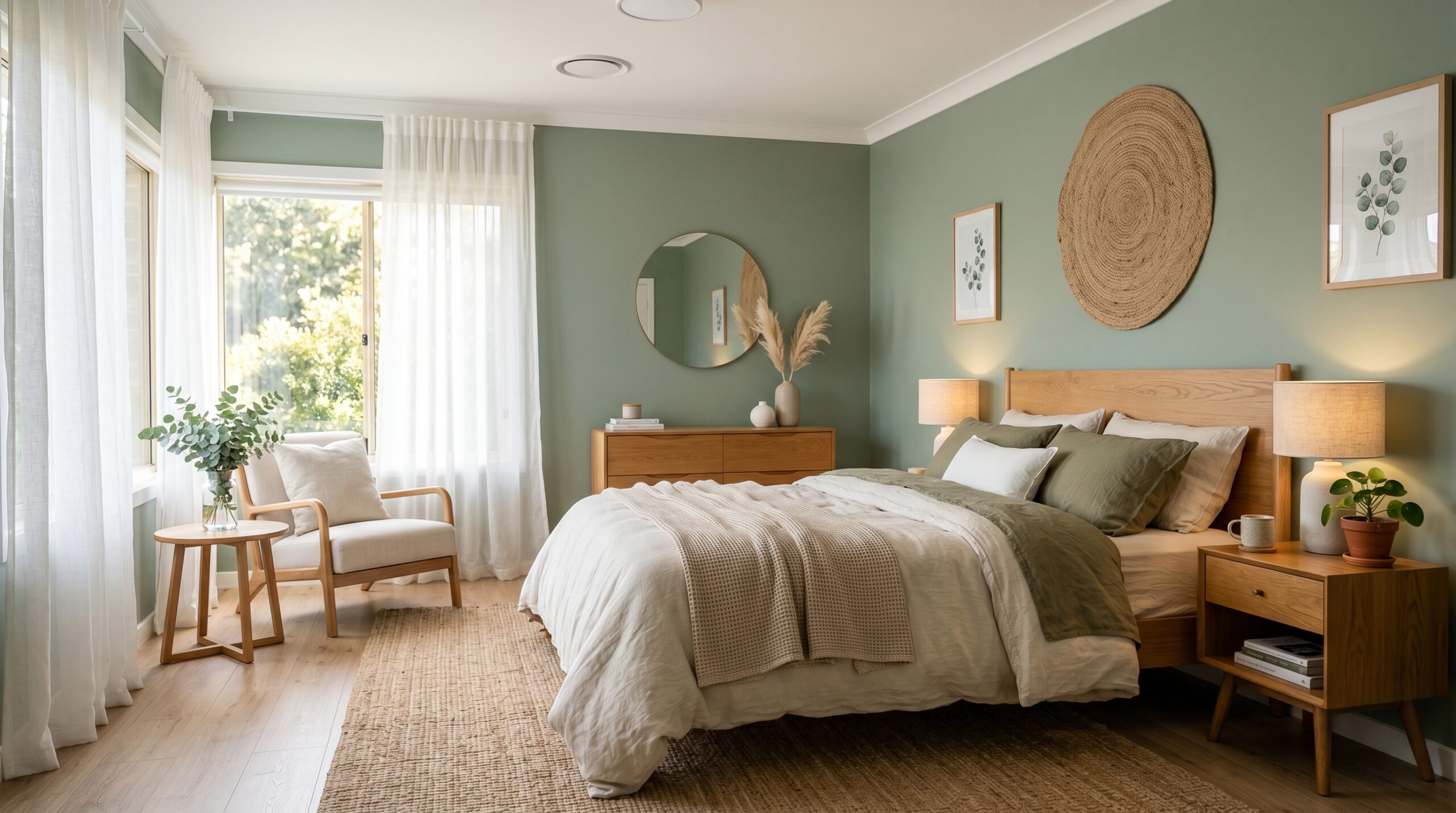 Sage green bedroom with minimalist oak furniture and white linen bedding in a sunlit modern home.