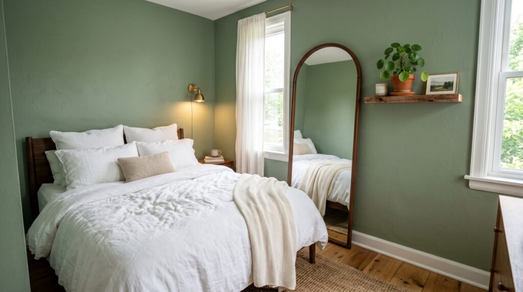 Minimalist bedroom with sage walls, white linen bedding, and a large wood-framed arched floor mirror.