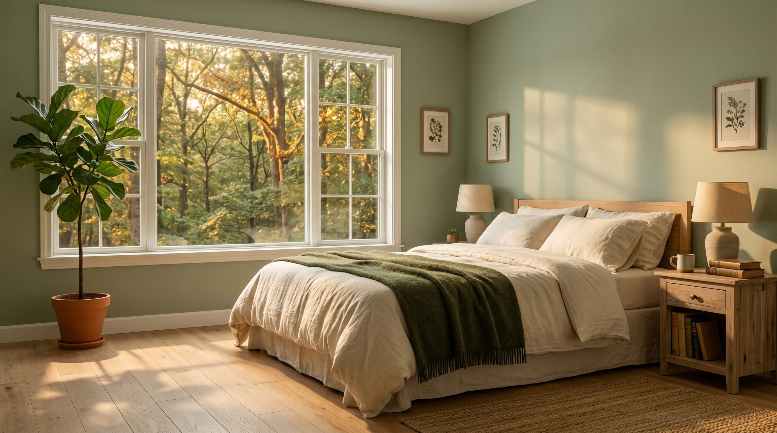 Cozy modern bedroom with sage green walls and a large window overlooking trees in bright morning light.