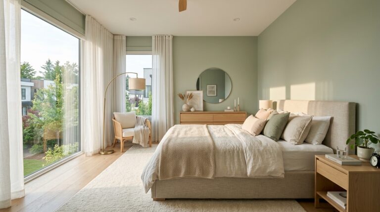 Airy sage green bedroom with floor-to-ceiling windows and minimalist oak furniture in bright natural light.