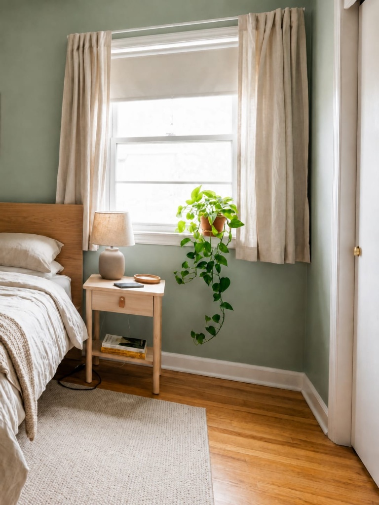 Minimalist wood nightstand and pothos plant beside a cozy linen bed in a sunlit sage green bedroom.