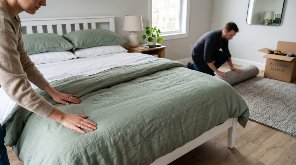 Couple updating a bedroom with sage green linen bedding and rolling out a new textured grey area rug.