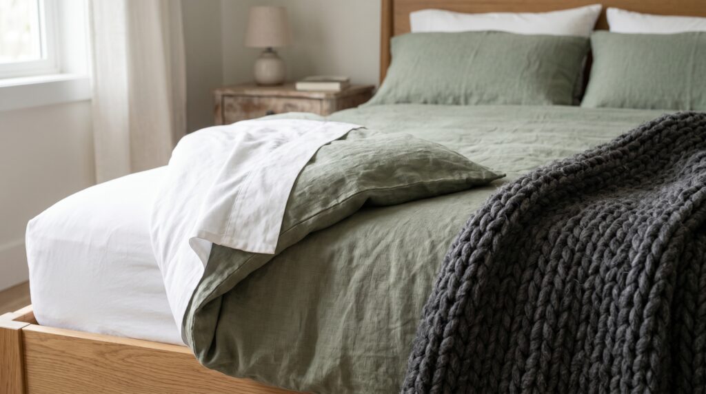 Sage green linen bedding layered with a white sheet and a dark charcoal chunky knit wool throw blanket.